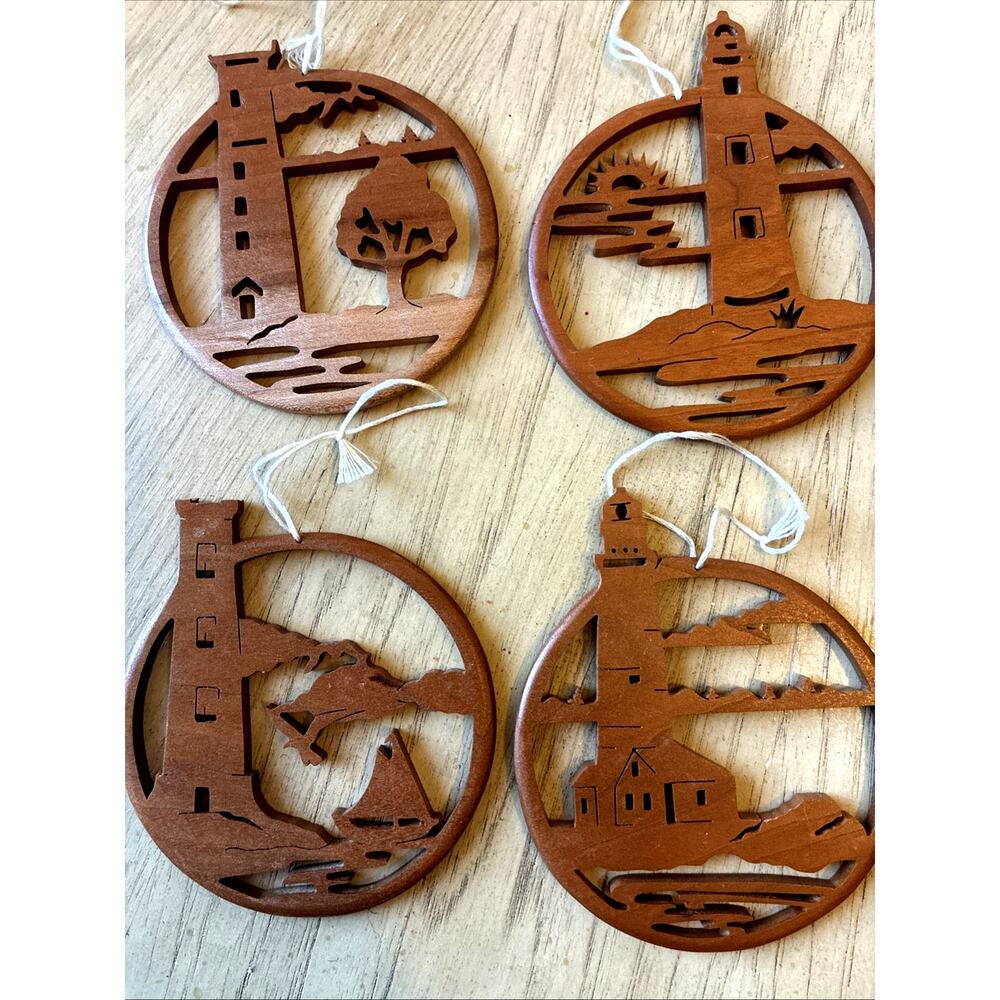 4 handmade wooden lighthouse Xmas ornaments cherry wood coastal boats trees sun